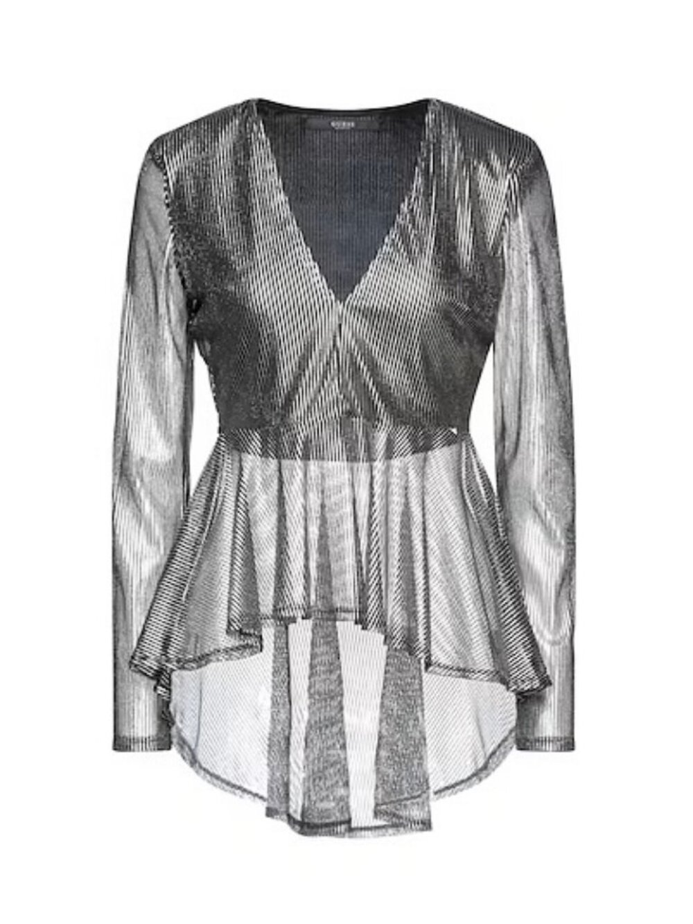 GUESS Metallic Silver Peplum Top XS Sheer Long Sleeve Party Blouse